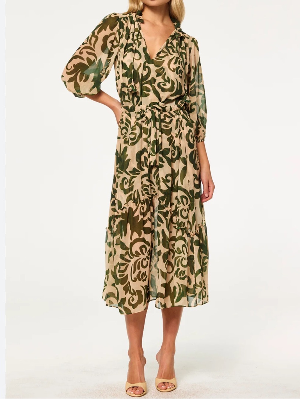 MISA Los Angeles Beige and Green Tonal Cactus Tassel Tie Floral Maxi Dress. XS.